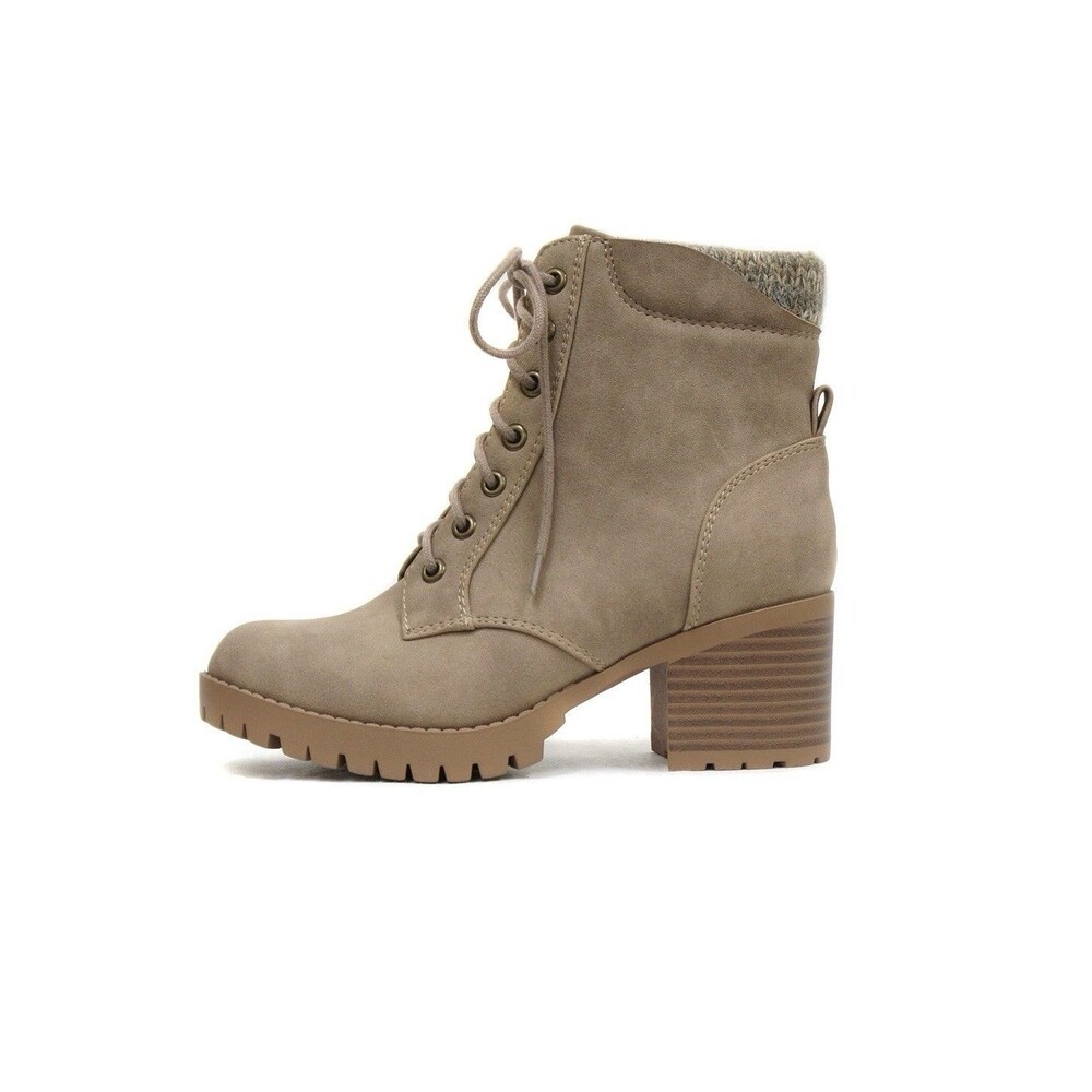 Soda Women Chunky Heel Combat Ankle Boot Lace Up Side Zipper TAUPE Wide Fit NIB